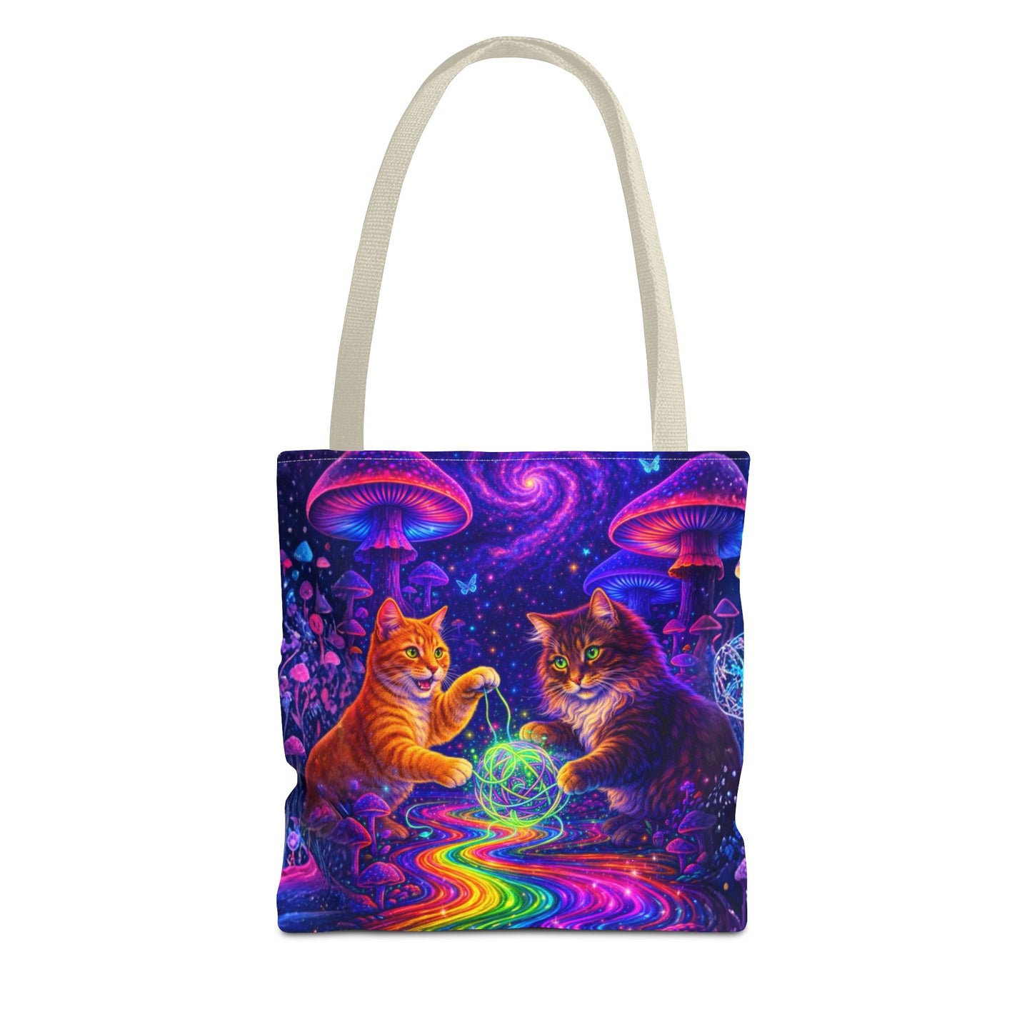 Psychedelic Cats Playing with Orb Tote Bag | Neon Mushroom Galaxy Art