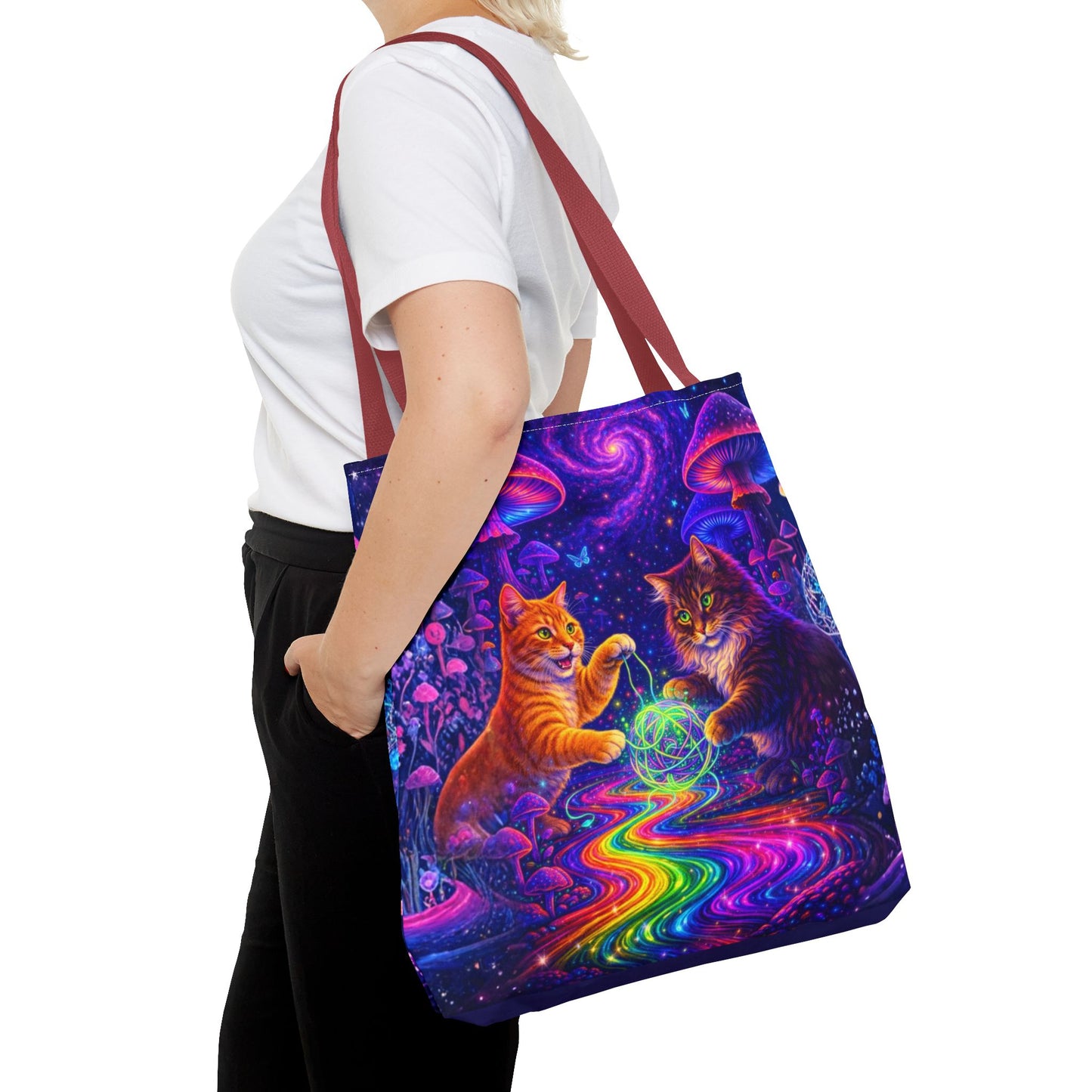 Psychedelic Cats Playing with Orb Tote Bag | Neon Mushroom Galaxy Art
