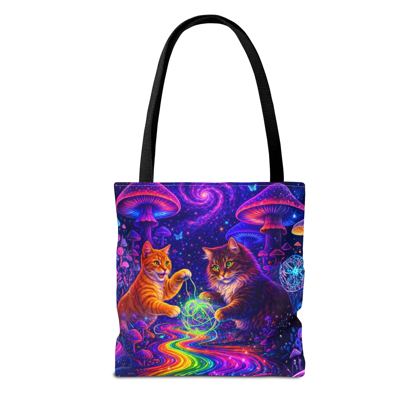Psychedelic Cats Playing with Orb Tote Bag | Neon Mushroom Galaxy Art