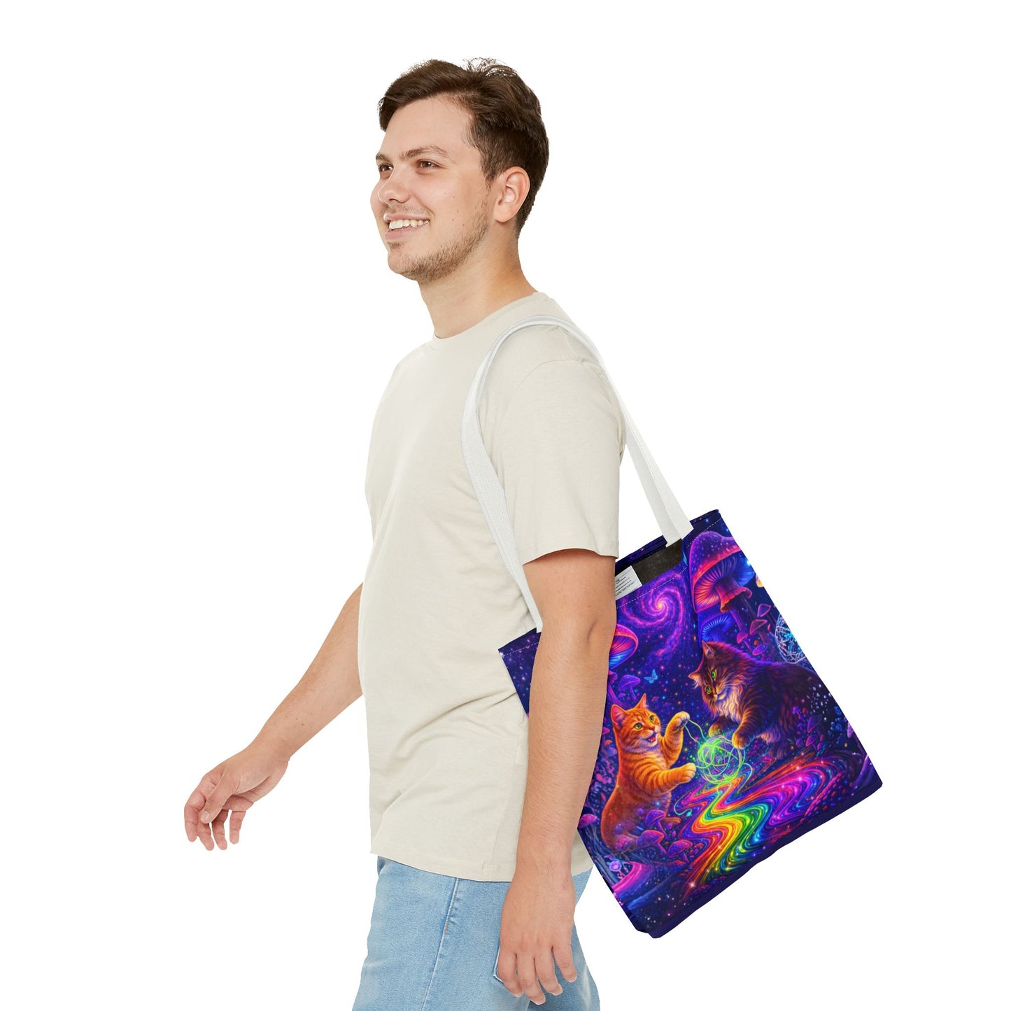 Psychedelic Cats Playing with Orb Tote Bag | Neon Mushroom Galaxy Art