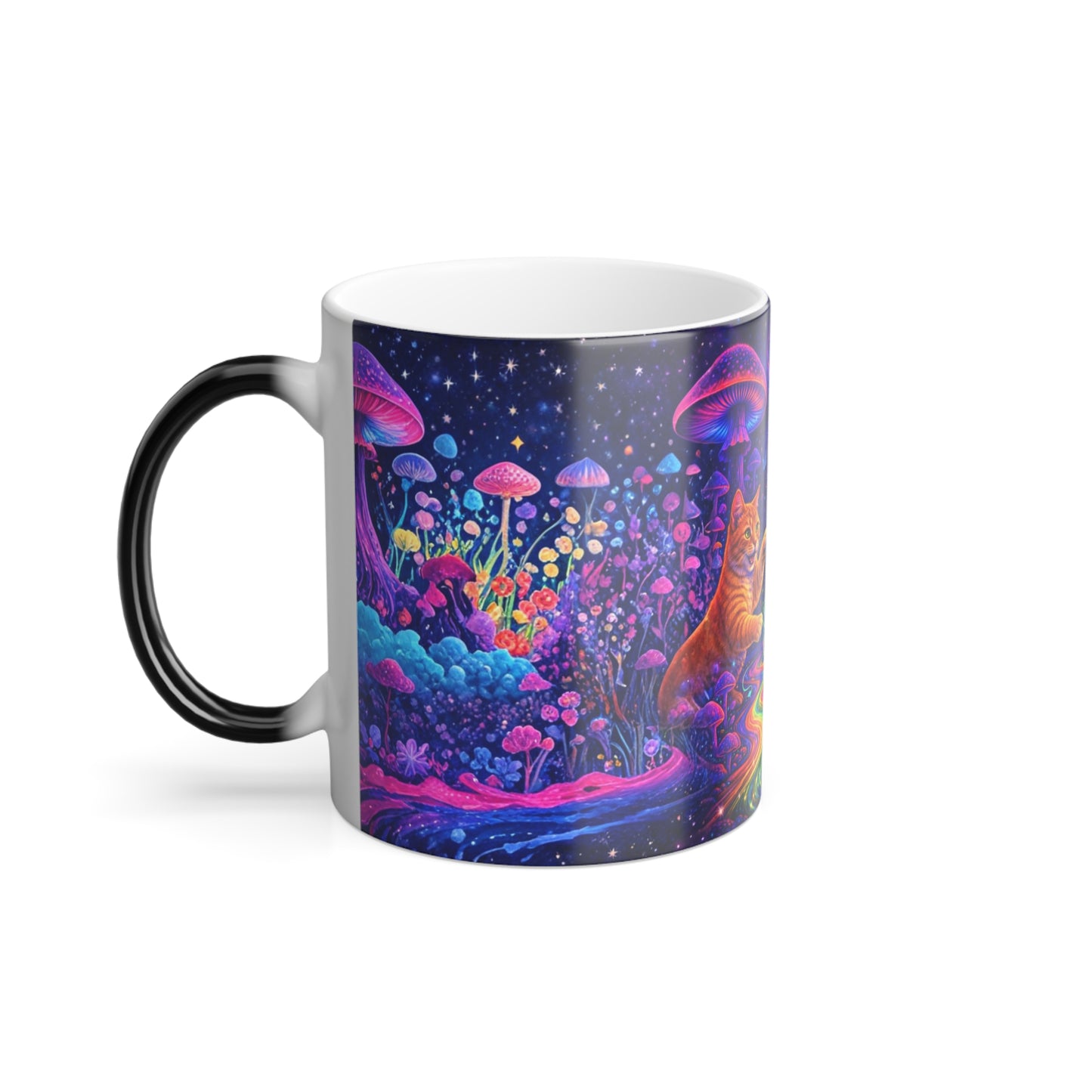 Psychedelic Cats Playing with Rainbow Orb Mug | Color Morphing Mug
