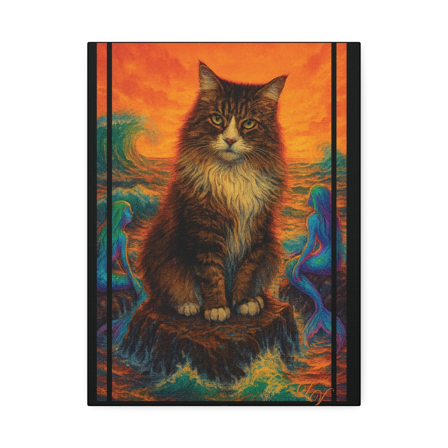 Canvas Stretched, Mermaid Cat Wall Art Print, Ocean Inspired Home Decor, Nautical Sea Goddess Poster, Coastal Theme Room Decoration, Beach