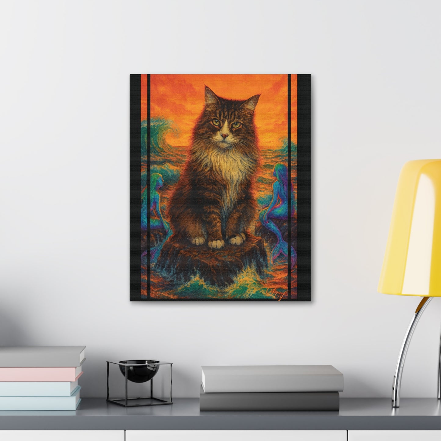 Canvas Stretched, Mermaid Cat Wall Art Print, Ocean Inspired Home Decor, Nautical Sea Goddess Poster, Coastal Theme Room Decoration, Beach