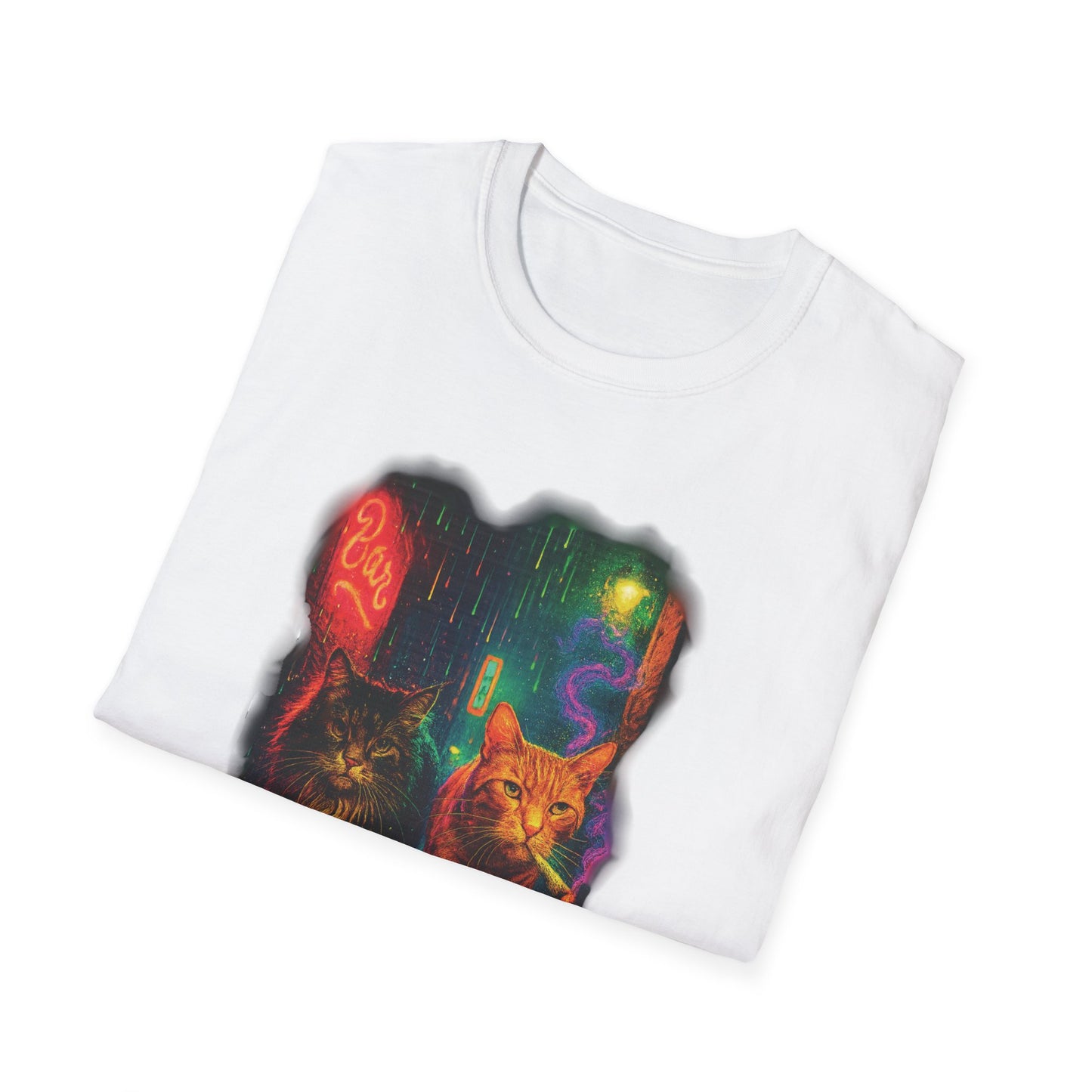 Psychedelic City Street Unisex Softstyle T-Shirt, Cat Lover Tee, Funny Animal Graphic Tee, Cute Kitten Shirt, Unique Gift for Cat Lovers