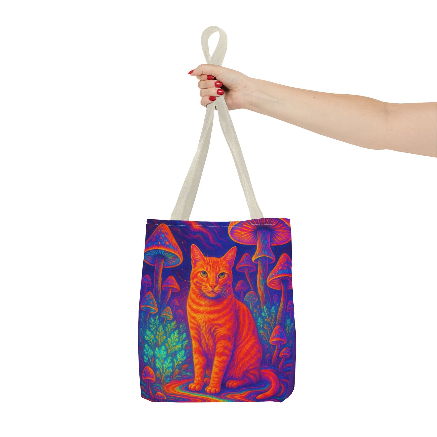 Psychedelic Mushroom Field Tote Bag, Orange Catnip Cat Graphic Print, Reusable Eco-Friendly Shopping Bag, Hippie Boho Gift, Kitty Lover