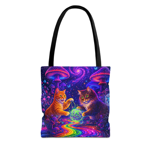 Psychedelic Cats Playing with Orb Tote Bag | Neon Mushroom Galaxy Art
