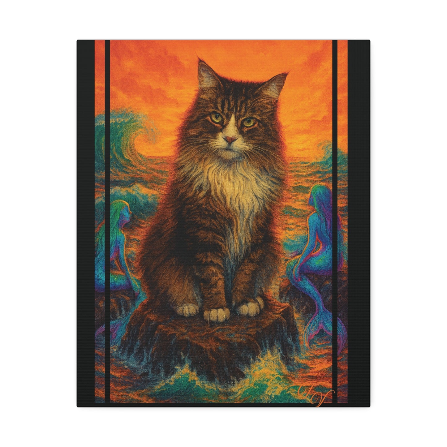 Canvas Stretched, Mermaid Cat Wall Art Print, Ocean Inspired Home Decor, Nautical Sea Goddess Poster, Coastal Theme Room Decoration, Beach