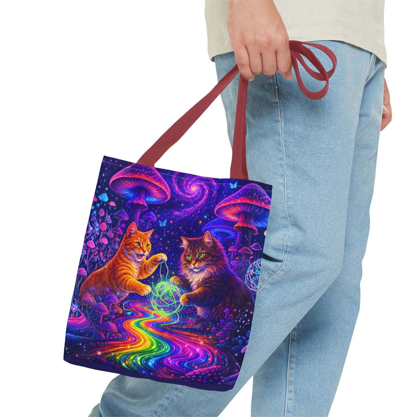 Psychedelic Cats Playing with Orb Tote Bag | Neon Mushroom Galaxy Art