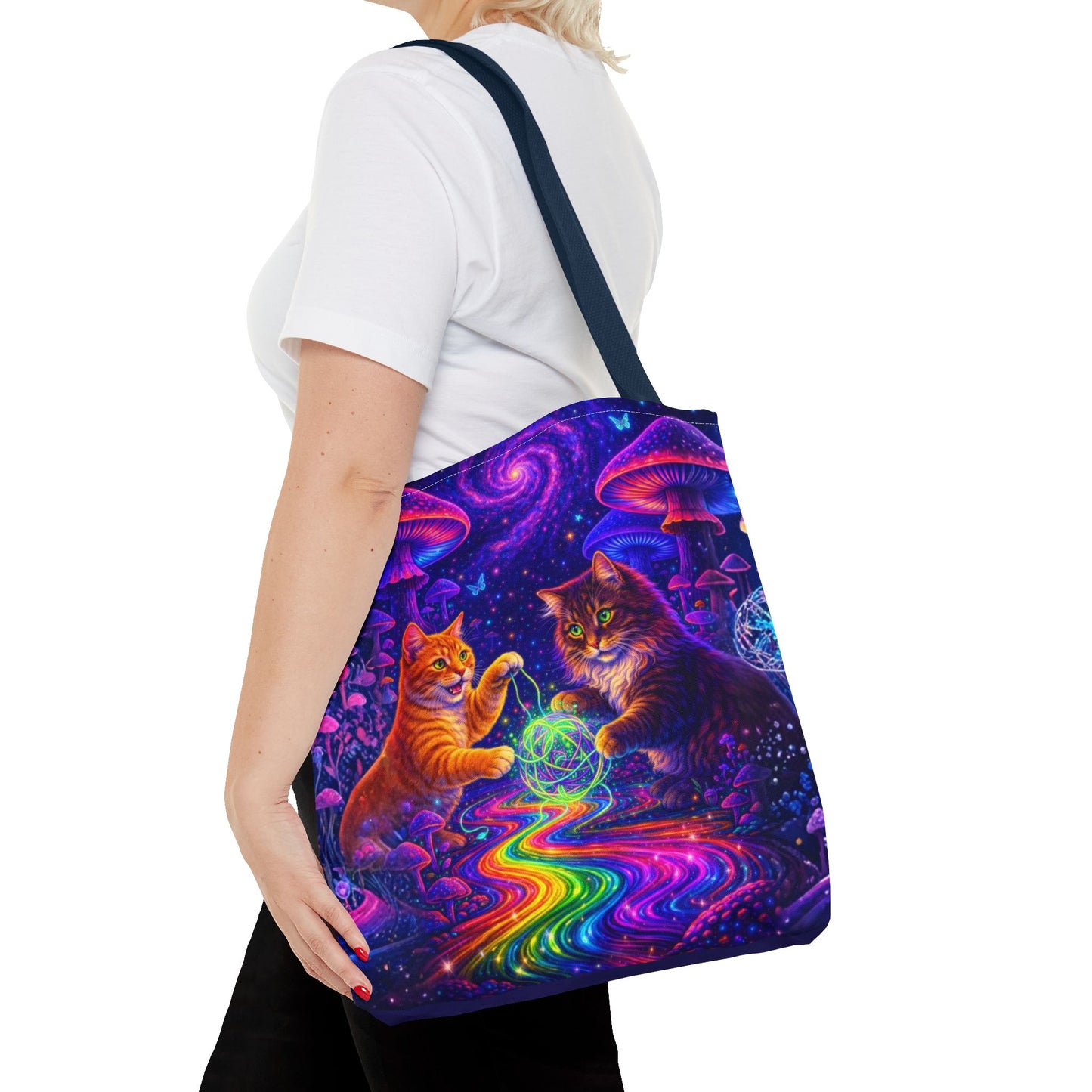 Psychedelic Cats Playing with Orb Tote Bag | Neon Mushroom Galaxy Art