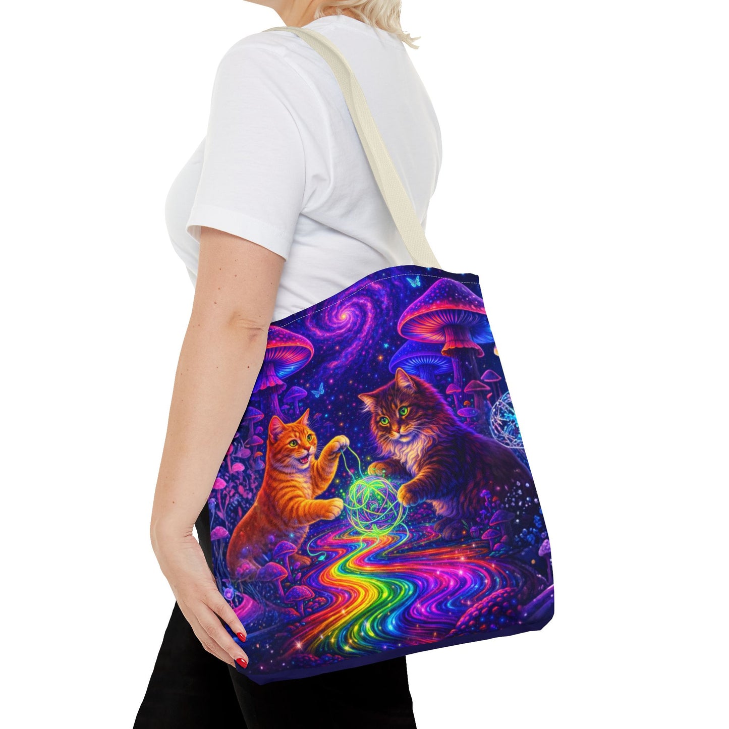 Psychedelic Cats Playing with Orb Tote Bag | Neon Mushroom Galaxy Art
