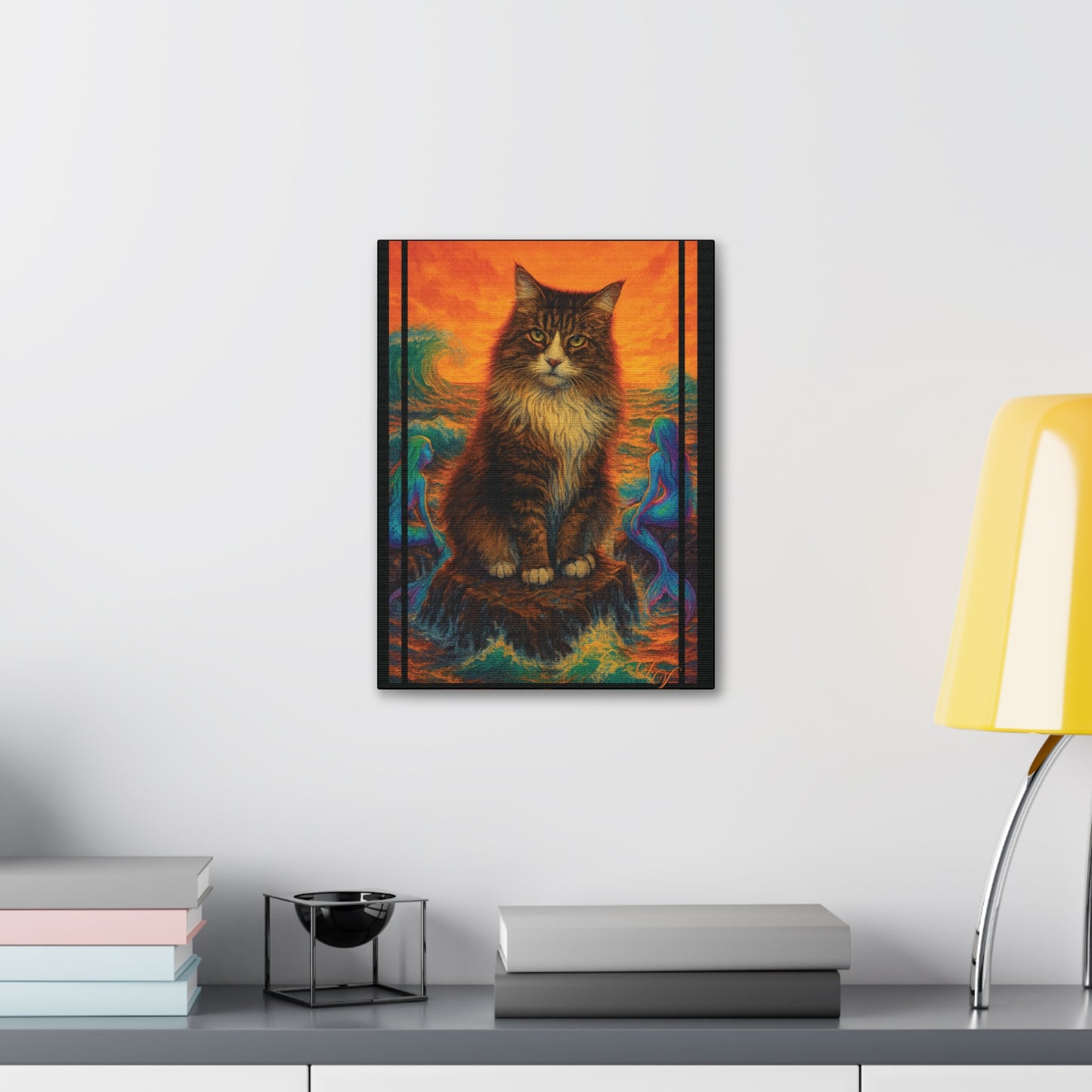 Canvas Stretched, Mermaid Cat Wall Art Print, Ocean Inspired Home Decor, Nautical Sea Goddess Poster, Coastal Theme Room Decoration, Beach
