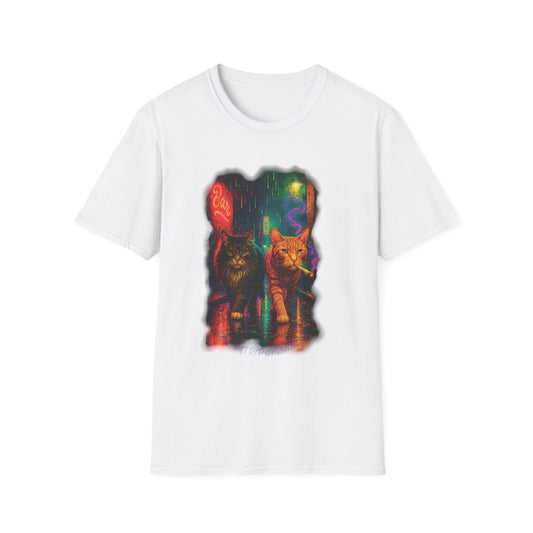 Psychedelic City Street Unisex Softstyle T-Shirt, Cat Lover Tee, Funny Animal Graphic Tee, Cute Kitten Shirt, Unique Gift for Cat Lovers