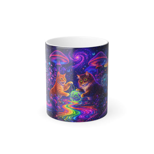 Psychedelic Cats Playing with Rainbow Orb Mug | Color Morphing Mug