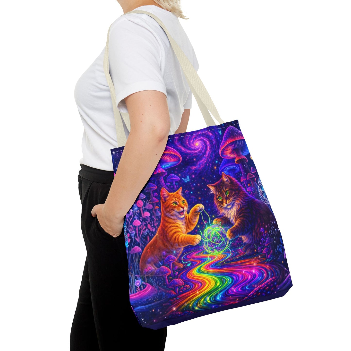 Psychedelic Cats Playing with Orb Tote Bag | Neon Mushroom Galaxy Art
