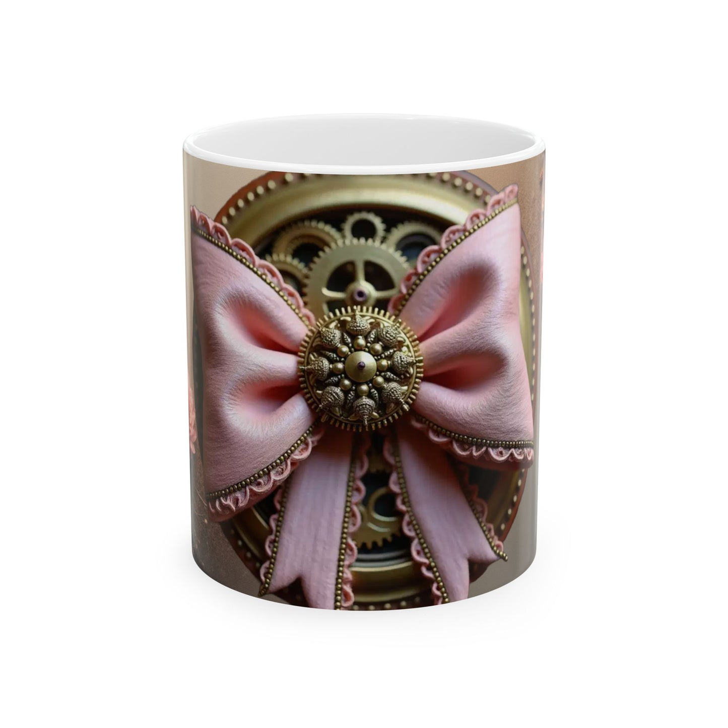 Steampunk Gear with Pink Ribbon Ceramic Mug | Floral Accent