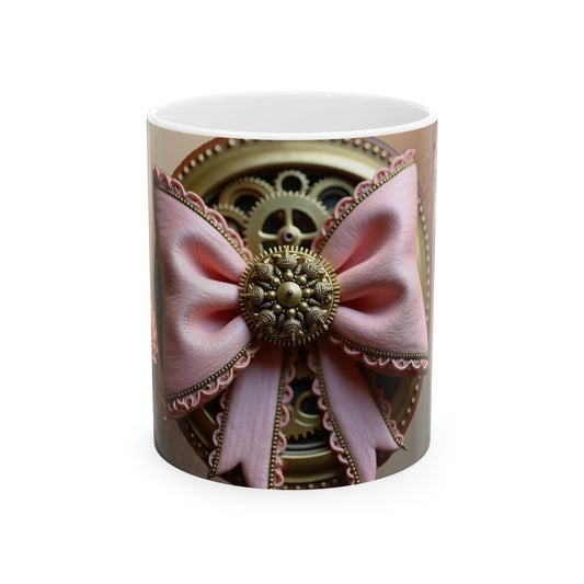 Steampunk Gear with Pink Ribbon Ceramic Mug | Floral Accent