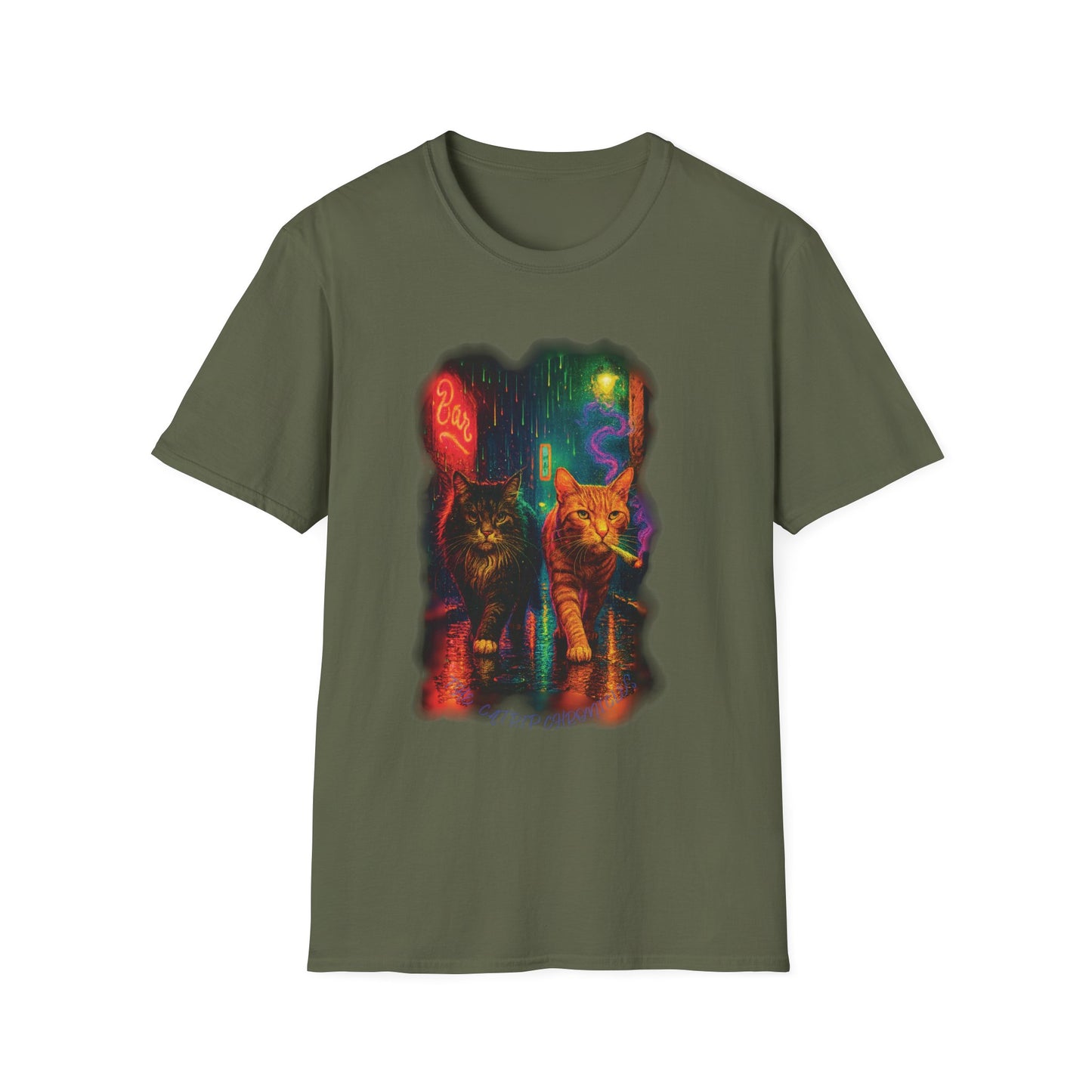 Psychedelic City Street Unisex Softstyle T-Shirt, Cat Lover Tee, Funny Animal Graphic Tee, Cute Kitten Shirt, Unique Gift for Cat Lovers
