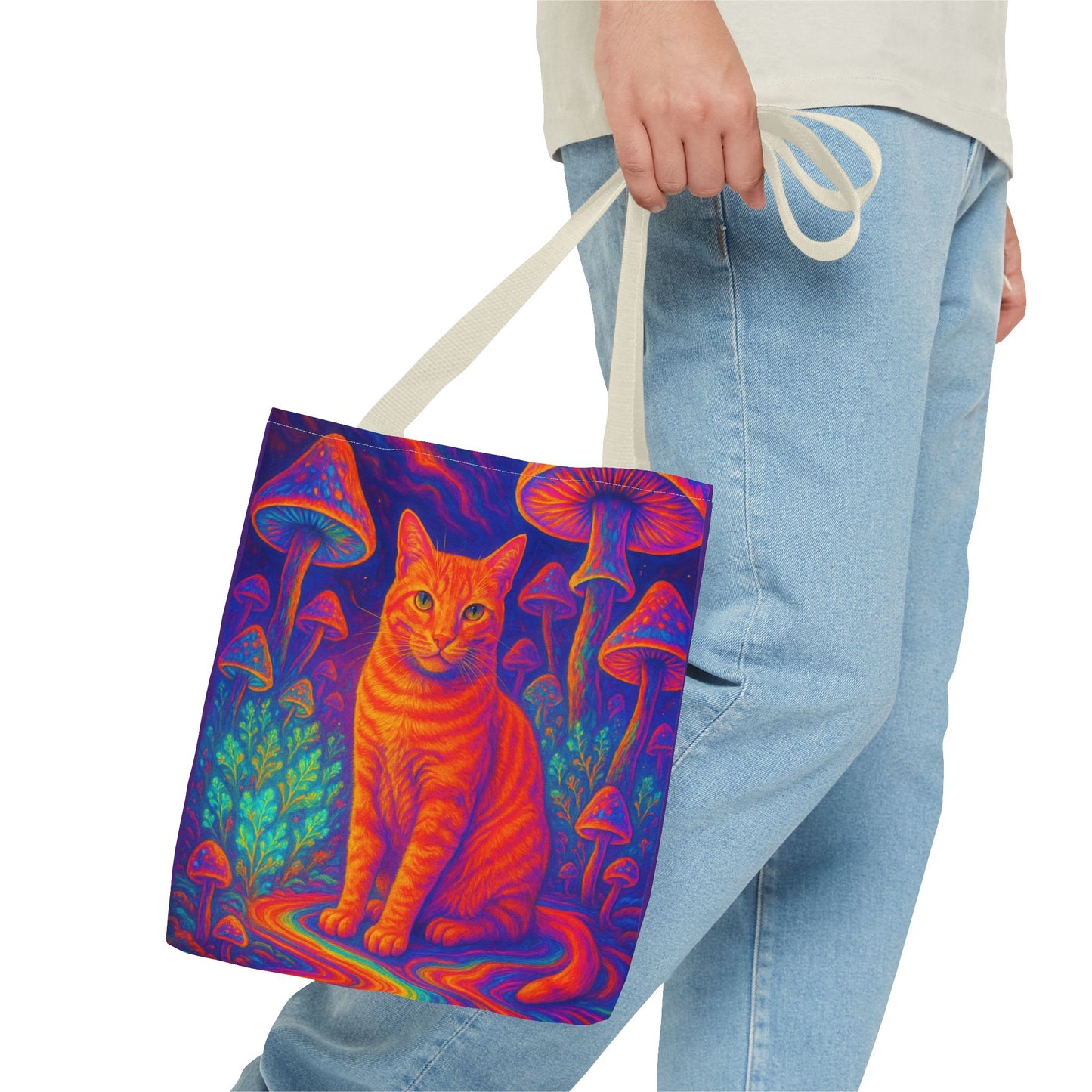 Psychedelic Mushroom Field Tote Bag, Orange Catnip Cat Graphic Print, Reusable Eco-Friendly Shopping Bag, Hippie Boho Gift, Kitty Lover