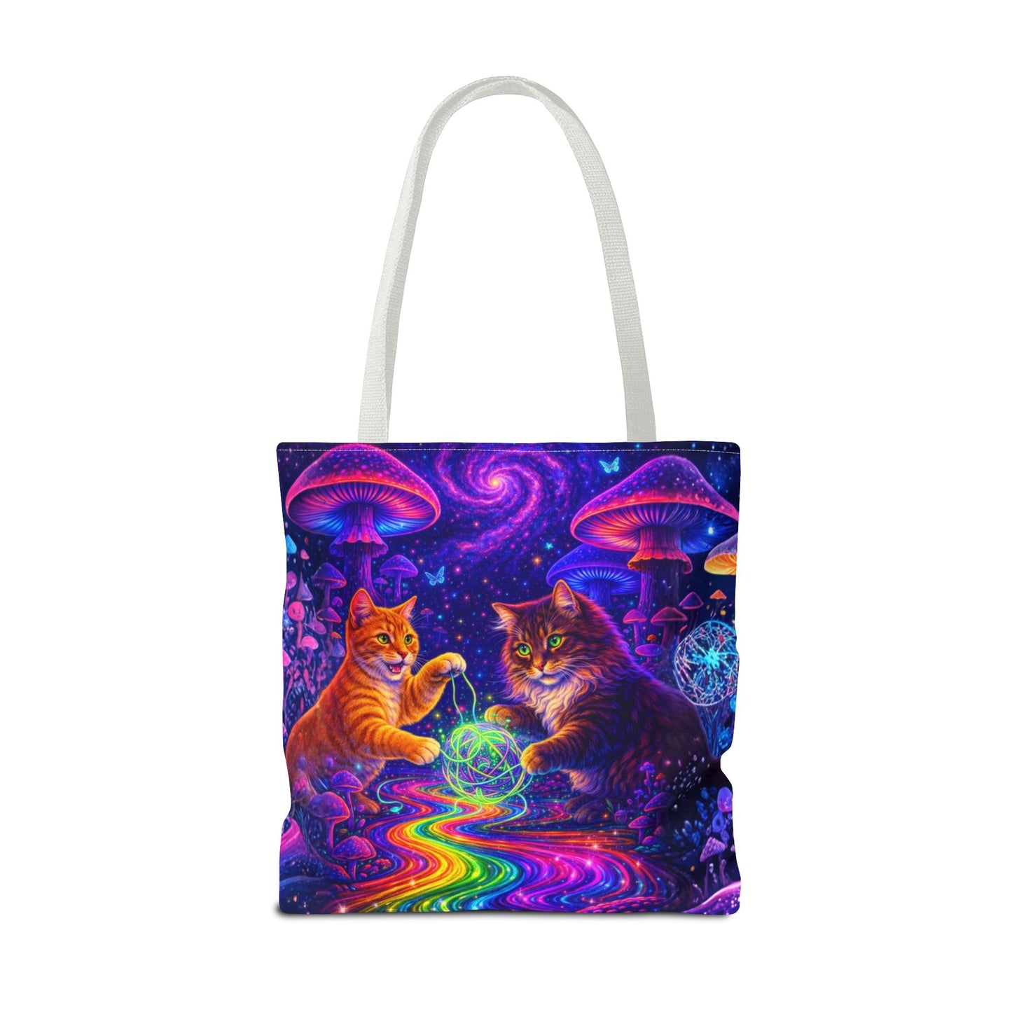 Psychedelic Cats Playing with Orb Tote Bag | Neon Mushroom Galaxy Art