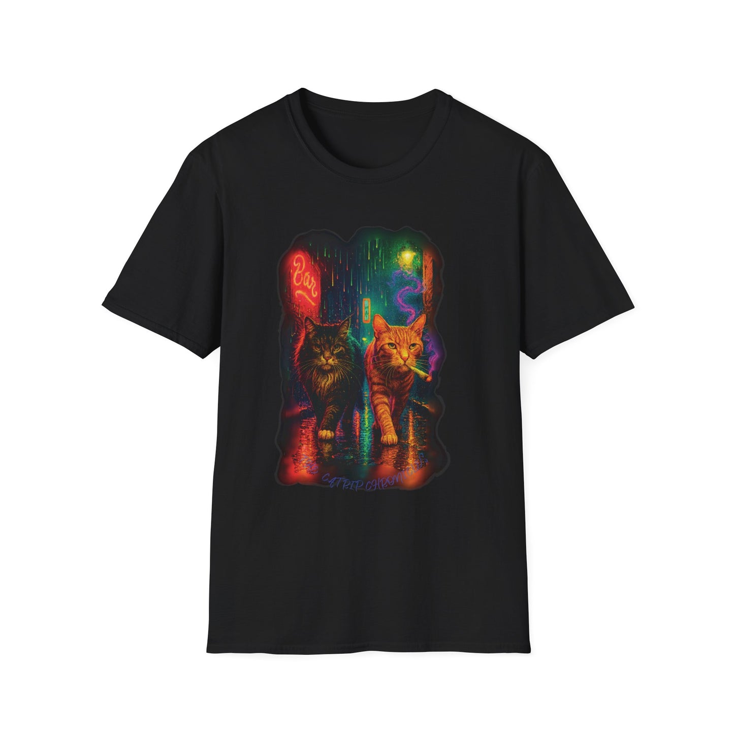 Psychedelic City Street Unisex Softstyle T-Shirt, Cat Lover Tee, Funny Animal Graphic Tee, Cute Kitten Shirt, Unique Gift for Cat Lovers