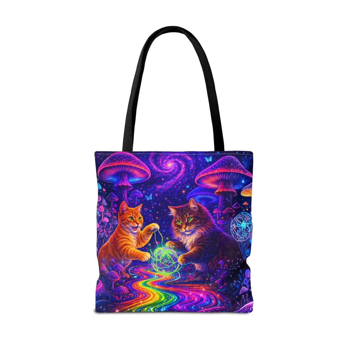 Psychedelic Cats Playing with Orb Tote Bag | Neon Mushroom Galaxy Art