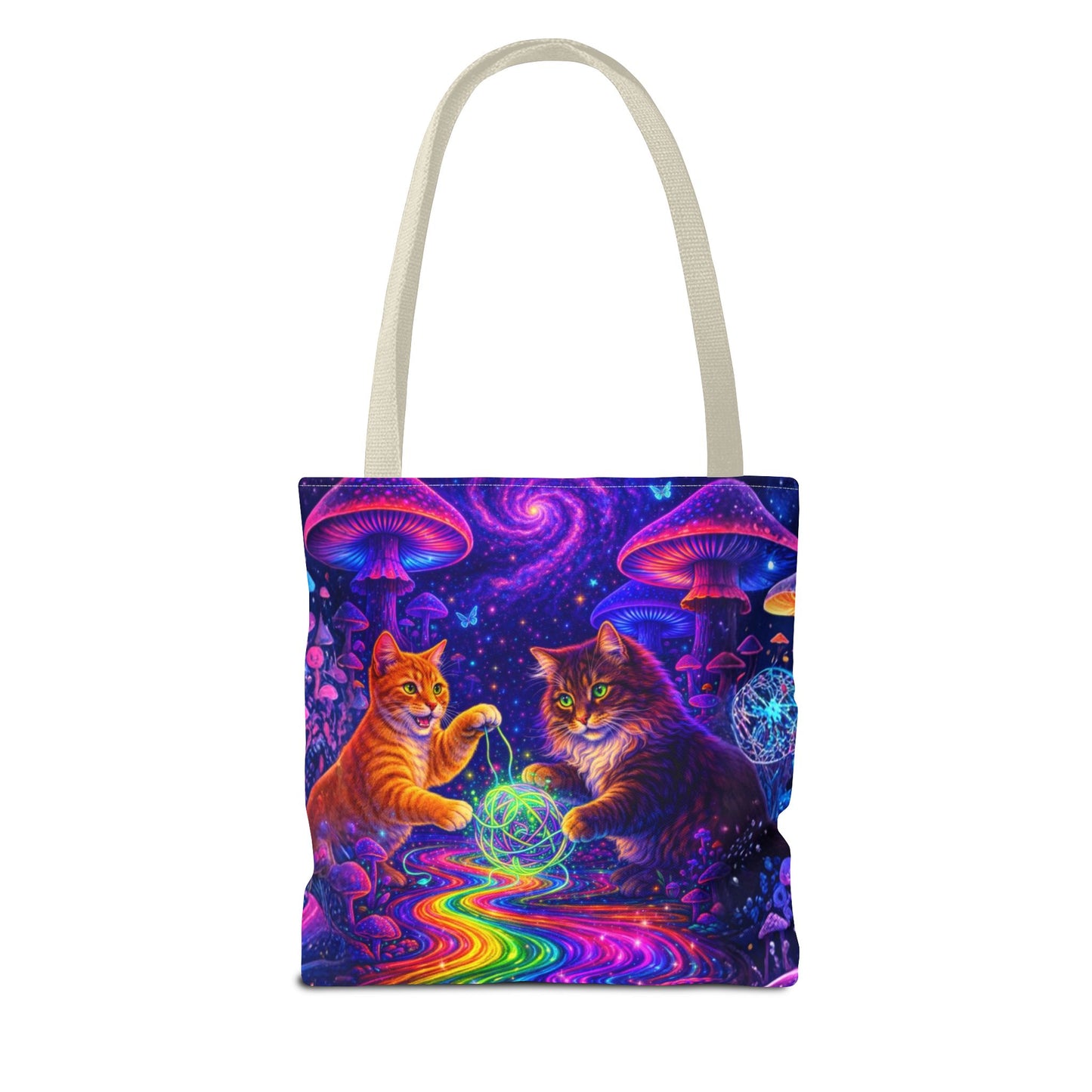 Psychedelic Cats Playing with Orb Tote Bag | Neon Mushroom Galaxy Art