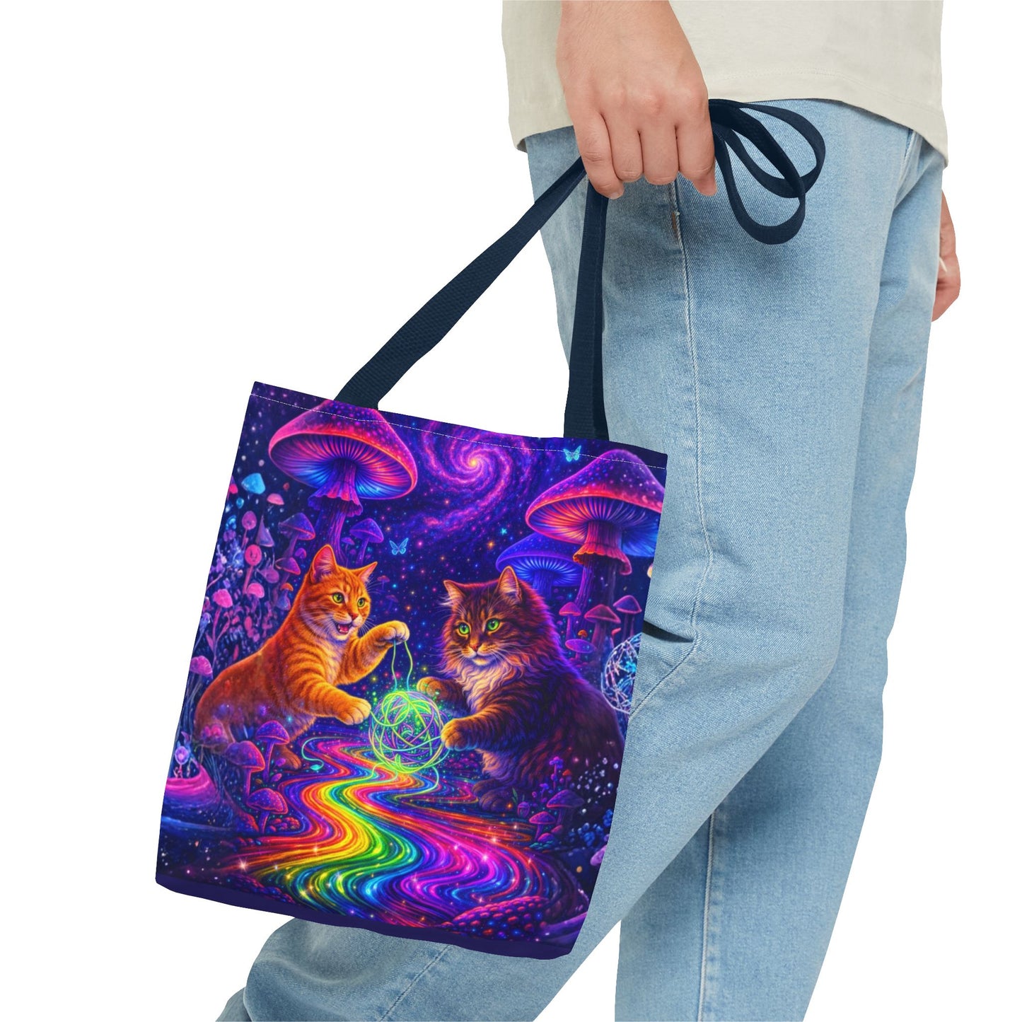 Psychedelic Cats Playing with Orb Tote Bag | Neon Mushroom Galaxy Art