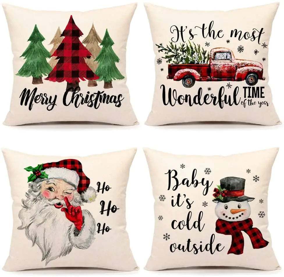 Christmas Santa Linen Pillowcase for Sofa Cushion
