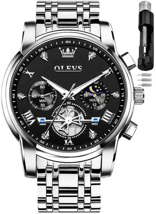 OLEVS Men Black Chronograph Watch Moon Phase Stainless