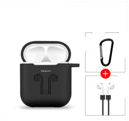 Black airpod case with earbuds and carabiner on a white background