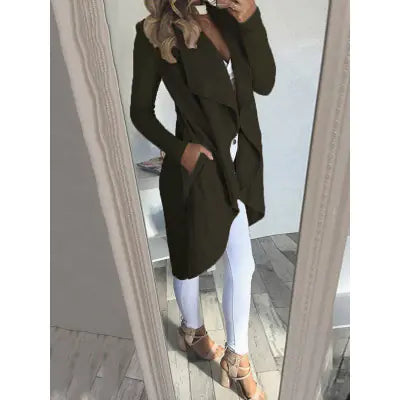 Slim Long Trench Coat with Solid Lapel by Theresa's Gift Shop